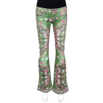 Pre Owned Roberto Cavalli Green Floral Print Denim Flared Jeans S