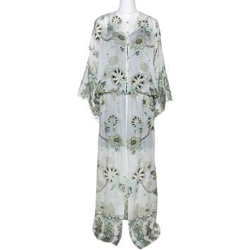 Pre Owned Roberto Cavalli Off White Floral Shimmer Print Silk Slit Detail Kaftan L