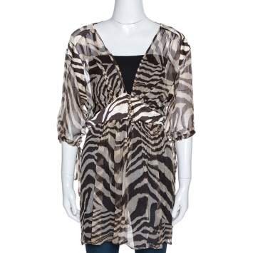 Pre Owned Roberto Cavalli Brown Animal Print Silk Sheer Kaftan Top L