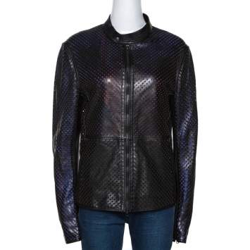 Pre Owned Roberto Cavalli Black Laser Cut Leather Jacket L