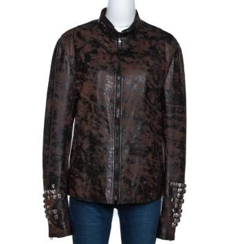 Pre Owned Roberto Cavalli Brown Printed Effect Calf Leather Zip Front Jacket XL