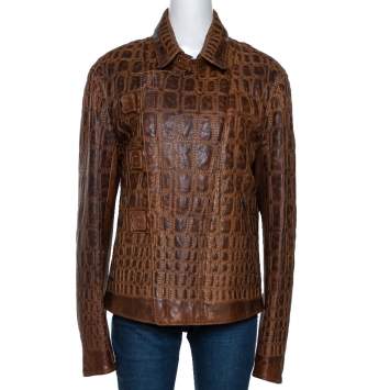 Pre Owned Roberto Cavalli Vintage Tan Brown Embroidered Calf Leather Moto Jacket XL