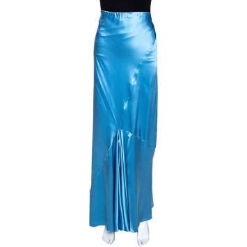 Pre Owned Roberto Cavalli Powder Blue Satin Silk Flared Maxi Skirt L