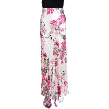 Pre Owned Roberto Cavalli Pearl White & Pink Floral Print Silk Asymmetric Hem Skirt L