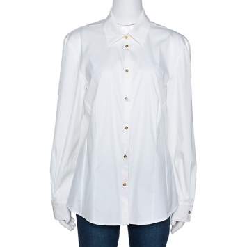 Pre Owned Roberto Cavalli Cream Stretch Cotton Contrast Floral Trim Shirt L 