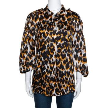 مملوكة مسبقًا Roberto Cavalli Tricolor Silk Animal Print Ruched Sleeve Blouse M