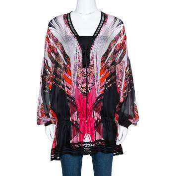 Pre Owned Roberto Cavalli Pink Silk & Contrast Knit Trim Printed Tunic L