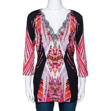 Pre Owned Roberto Cavalli Black Floral Print Jersey Lace Trim Top L