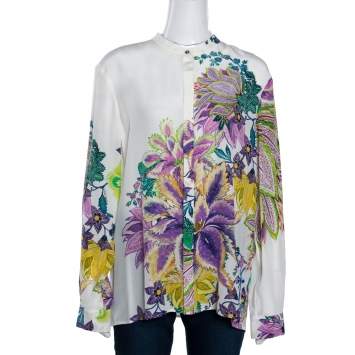 Pre Owned Roberto Cavalli Off White Floral Print Silk Long Sleeve Shirt L