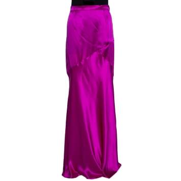 Pre Owned Roberto Cavalli Fuschia Pink Satin Silk Flared Maxi Skirt L