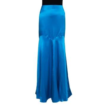 Pre Owned Roberto Cavalli Blue Silk Satin Flared Maxi Skirt L