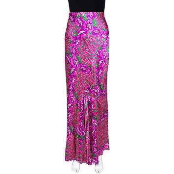 Pre Owned Roberto Cavalli Pink Floral Print Silk Satin Flared Maxi Skirt L