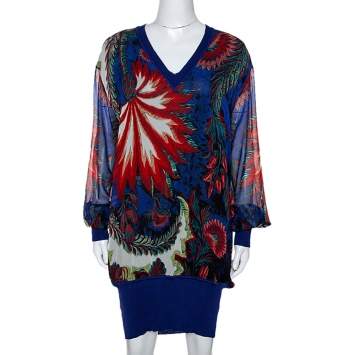 Pre Owned Roberto Cavalli Blue Abstract Print Silk Sweater Dress L