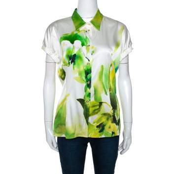 Pre Owned Roberto Cavalli White & Green Printed Stretch Silk Button Front Shirt L
