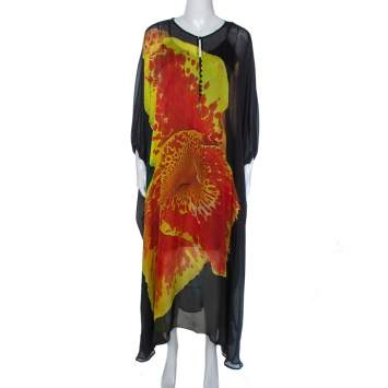 Pre Owned Roberto Cavalli Black Floral Print Silk Kaftan L