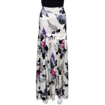 Pre Owned Roberto Cavalli Cream Floral Print Silk Pleated Maxi Skirt L