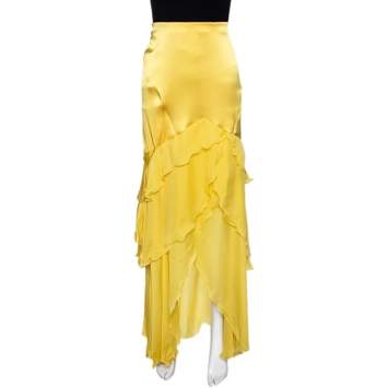 Pre Owned Roberto Cavalli Canary Yellow Silk Ruffle Tiered Skirt L