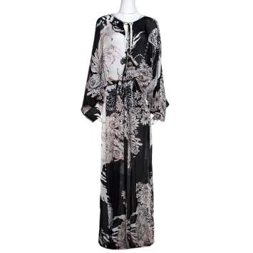 Pre Owned Roberto Cavalli Black Floral Print Silk Oversized Maxi Kaftan S