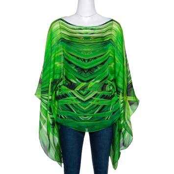 Pre Owned Roberto Cavalli Green Printed Silk Belted Kaftan Top M
