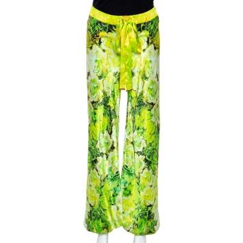 Pre Owned Roberto Cavalli Light Green Floral Printed Silk Pants M 