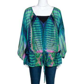 Pre Owned Roberto Cavalli Multicolor Peacock Printed Silk Sheer Tunic Top L 