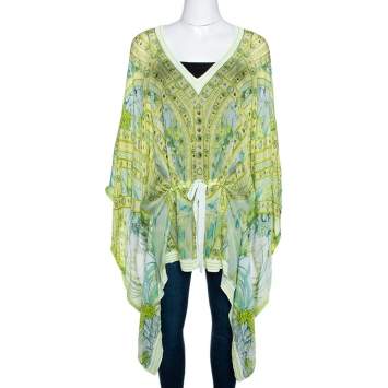 Pre Owned Roberto Cavalli Green Printed Silk Contrast Knit Trim Kaftan Top L 
