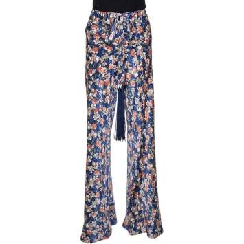 Pre Owned Roberto Cavalli Navy Blue Floral Printed Silk Pants L 