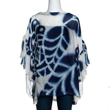 Pre Owned Roberto Cavalli Navy Blue & White Printed Silk Boat Neck Top L