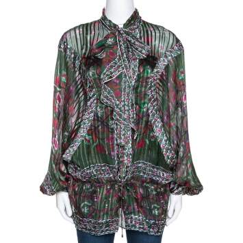 Pre Owned Roberto Cavalli Green & Fuschia Floral Printed Silk Jacquard Blouse M 