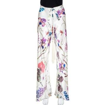 Pre Owned Roberto Cavalli Cream Floral Printed Silk Flared Pants M