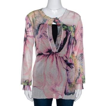 Pre Owned Roberto Cavalli Pale Pink Printed Lurex Knit Sheer Blouse L
