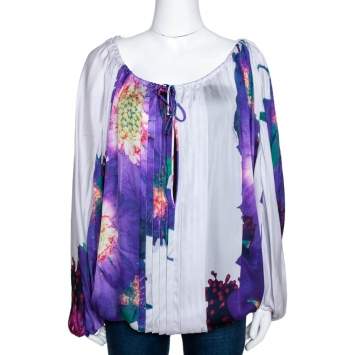 مملوكة مسبقًا Roberto Cavalli Purple Floral Print Silk Sheer Kaftan Top M