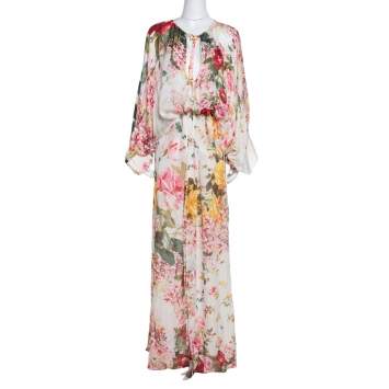 Pre Owned Roberto Cavalli White Floral Printed Silk Maxi Kaftan Dress L