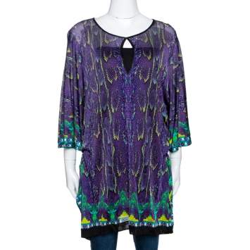 Pre Owned Roberto Cavalli Purple Snake Print Knit Belted Kaftan Top M