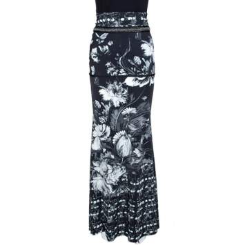 Pre Owned Roberto Cavalli Monochrome Floral Printed Stretch Jersey Maxi Skirt L 