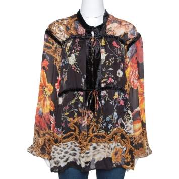 Pre Owned Roberto Cavalli Black Floral Print Silk Sheer Blouse L