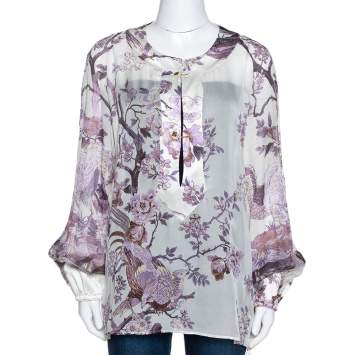 مملوكة مسبقًا Roberto Cavalli Purple Floral Shimmer Print Silk Sheer Blouse L