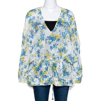 Pre Owned Roberto Cavalli Blue & White Floral Print Silk Sheer Kaftan Top M