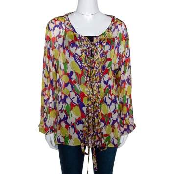 Pre Owned Roberto Cavalli Multicolor Tulip Print Silk Sheer Blouse M
