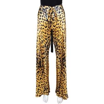Pre Owned Roberto Cavalli Yellow Leopard Print Silk Flared Pants L