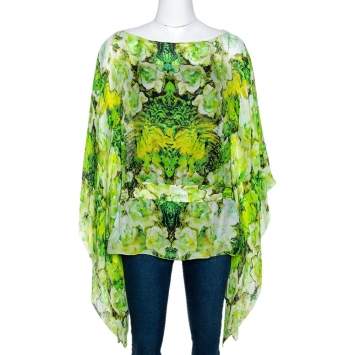 مملوكة م�سبقًا Roberto Cavalli Green Abstract Print Silk Belted Kaftan Top M
