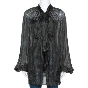 Pre Owned Roberto Cavalli Dark Green Printed Silk Fur Tie Detail Sheer Blouse L