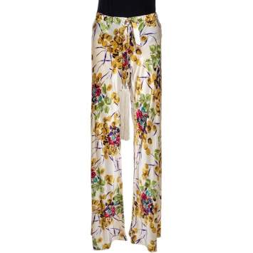 Pre Owned Roberto Cavalli Cream Floral Shimmer Print Silk Flared Pants M