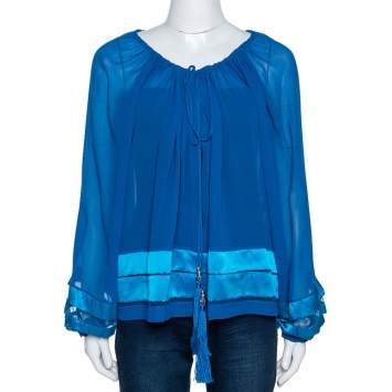 Pre Owned Roberto Cavalli Blue Silk Tiered Satin Hem Sheer Blouse M