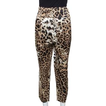 Pre Owned Roberto Cavalli Brown Leopard Print Silk Satin Pleated Pants L