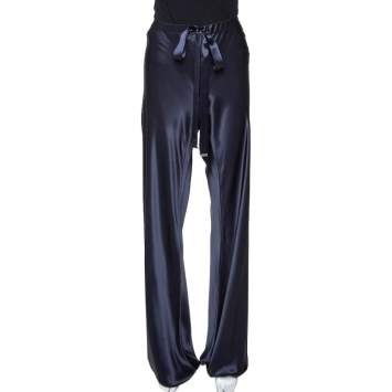 Pre Owned Roberto Cavalli Navy Blue Silk Satin Wide Leg Pants L