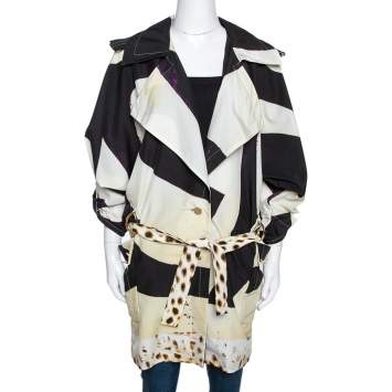Pre Owned Roberto Cavalli Cream Printed Belted Trench Coat S