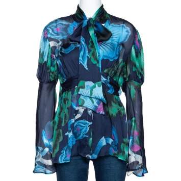 مملوكة مسبقًا Roberto Cavalli Navy Blue Floral Print Silk Gathered Sleeve Blouse M
