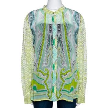 Pre Owned Roberto Cavalli Light Green Printed Silk Sheer Long Sleeve Shirt L