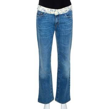 Pre Owned Roberto Cavalli Blue Denim & Silk Waist Trim Detail Straight Leg Jeans L